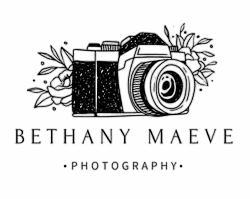 Logo for Bethany Maeve Photography featuring a sketch of a vintage camera with leaves in the background. The text "Bethany Maeve Photography" appears below the camera illustration. Bethany Maeve Photography